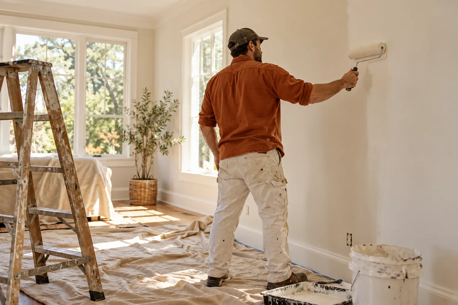 A painter refreshing a wall in a naturally lit room with protected floors.