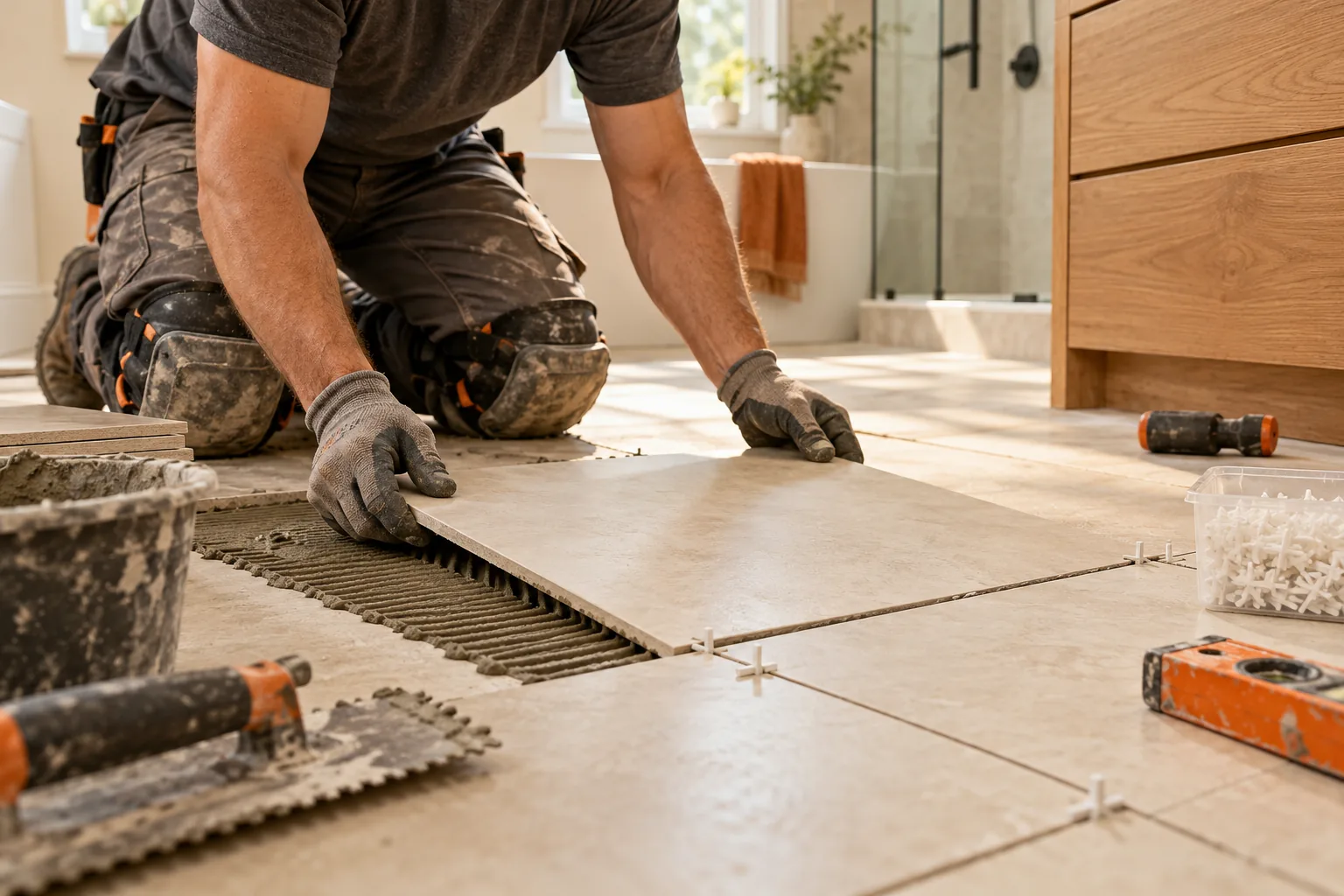 A tiler working beside a natural oak bathroom vanity.